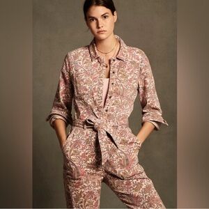 Pink Paisley Jumpsuit with Belted Waist and Tapered Legs